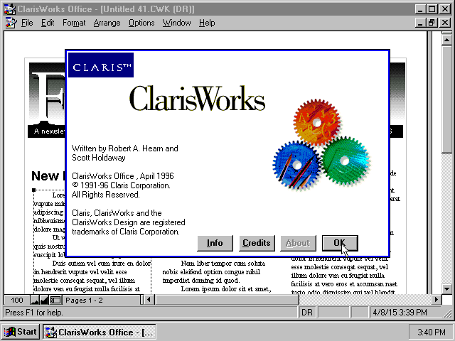ClarisWorks 4 for Windows - About